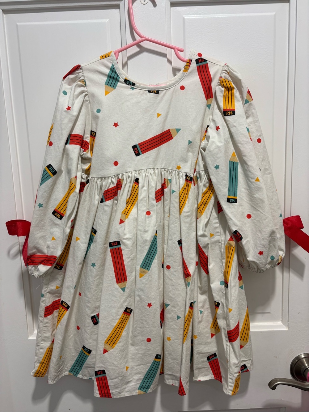 Petite Hailey Pencil Print Long Sleeve Dress - White with Red, Yellow, Teal